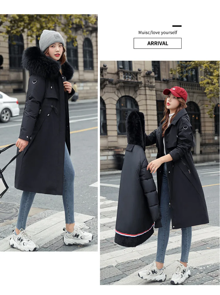 Women Hooded Parkas Coats Long Jackets Solid Detachable Big Fur Lenth Collar Zipper Drawstring Slim Fit Thick Casual 2025 Winter