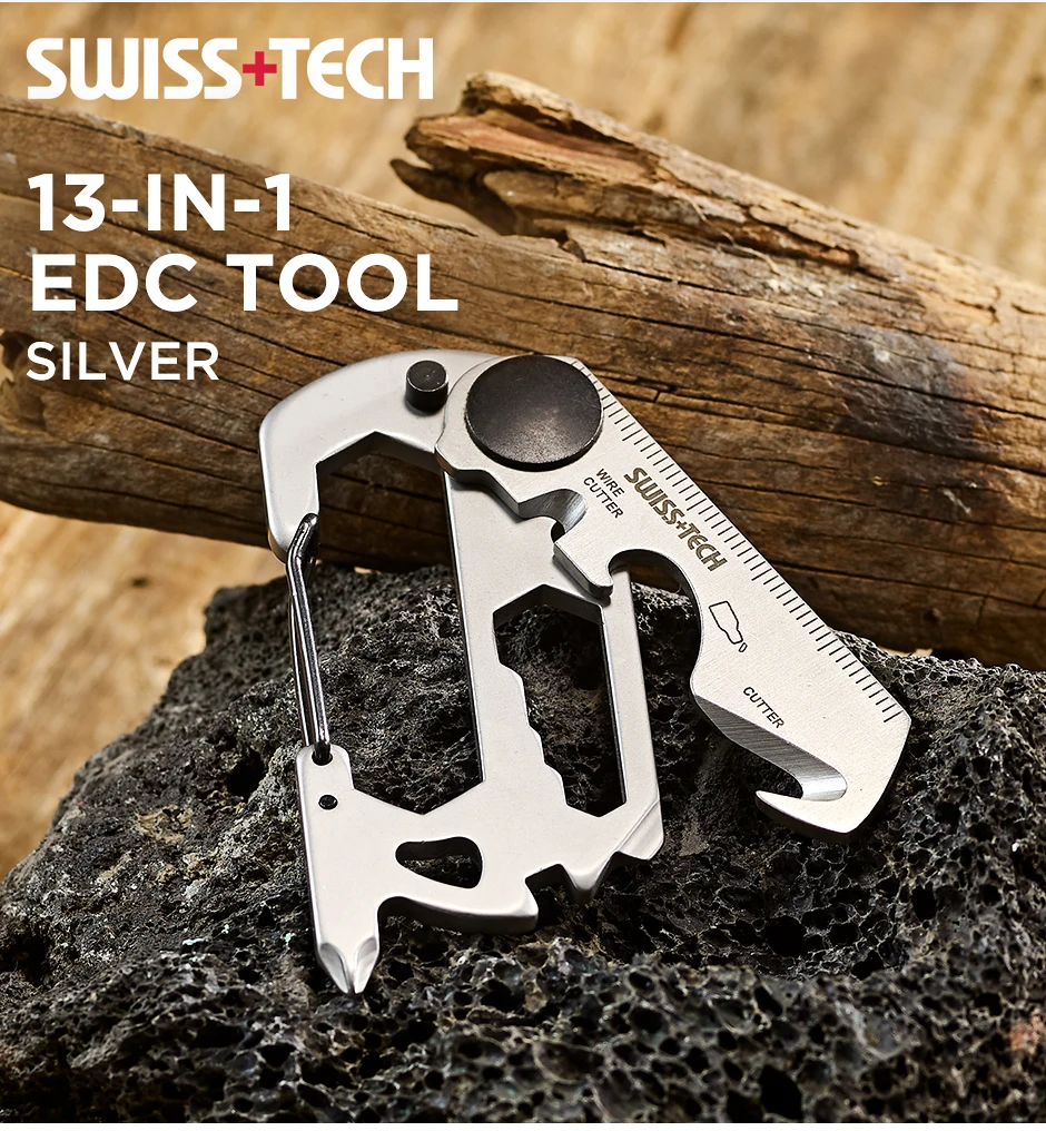 SWISS TECH 13-in-1 tragbare Mini-Multifunktionswerkzeuge, kleine Tasche, EDC-Werkzeug, Multitool-Set, Karabinerhaken, Wandern, Camping-Gadgets – Detail 2