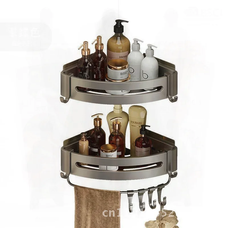 support-de-rangement-triangulaire-gris-pistolet-pour-salle-de-bain-toilettes-d'angle-salle-de-douche-organisateur-de-bain-avec-6-crochets-alliage-d'aluminium-epais-10kg