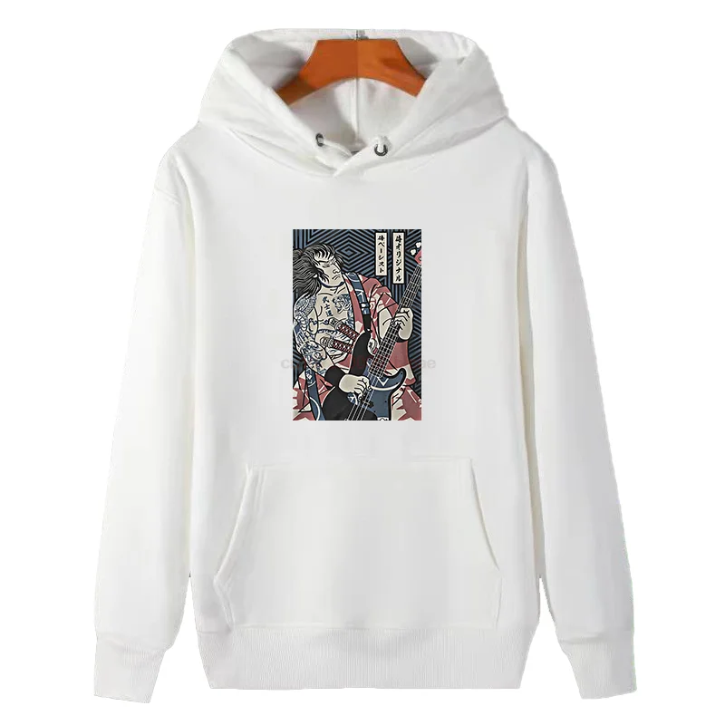 Japanese Samurai Guitar Graphic Hooded Sweatshirts Japanese Winter Essentials Pullovers Thick Sweater Hoodie Male Clothes