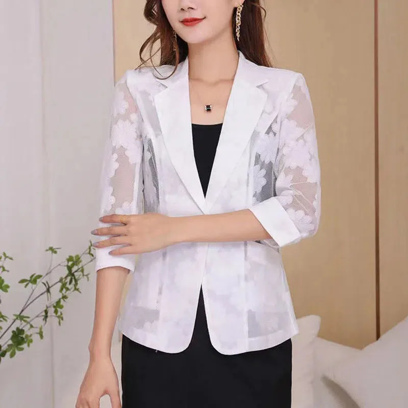 Blazer Spring and Summer Women\'s Lace Coat Simple Commuting Elegant Slim Fit Temperament Versatile Fashion Comfortable Top 2023