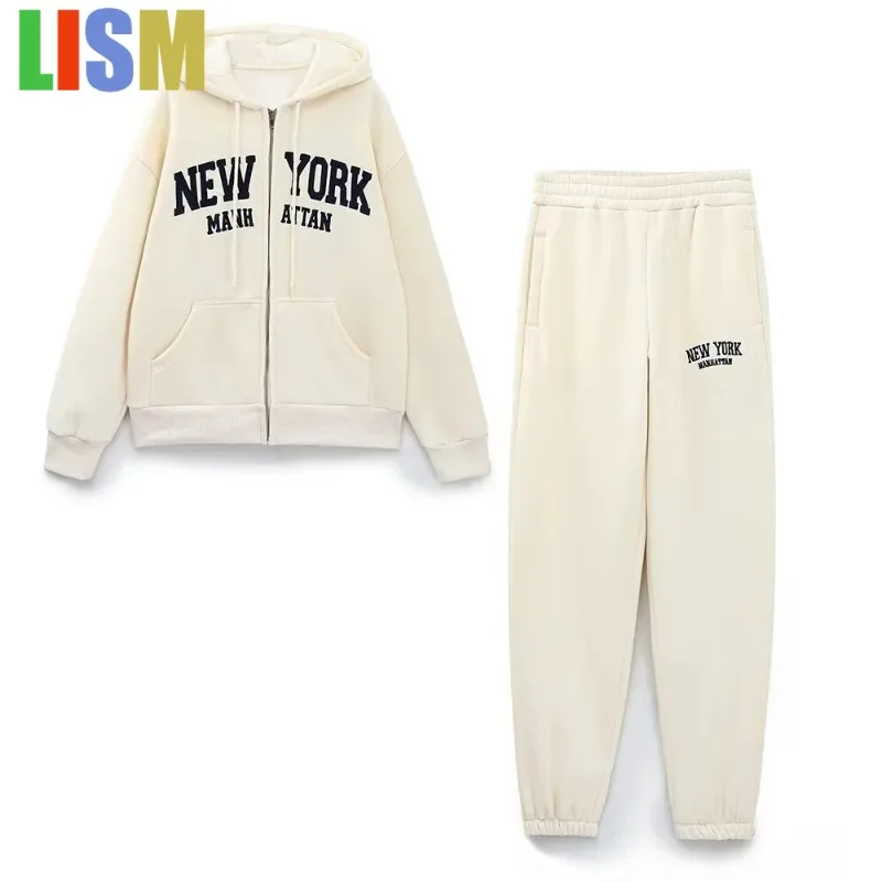 

LISM 2025 winter woman outfit tracksuit Pants sets two piece set embroidery hooded zipper sweatshirt leg binding jogging pants