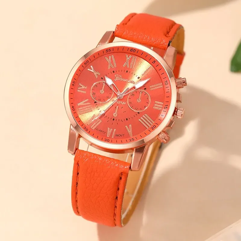 Fashion Women Watches Ladies Orange Leather Quartz Wrist Watch for Women Bussiness Casual Watch Relogio Feminino