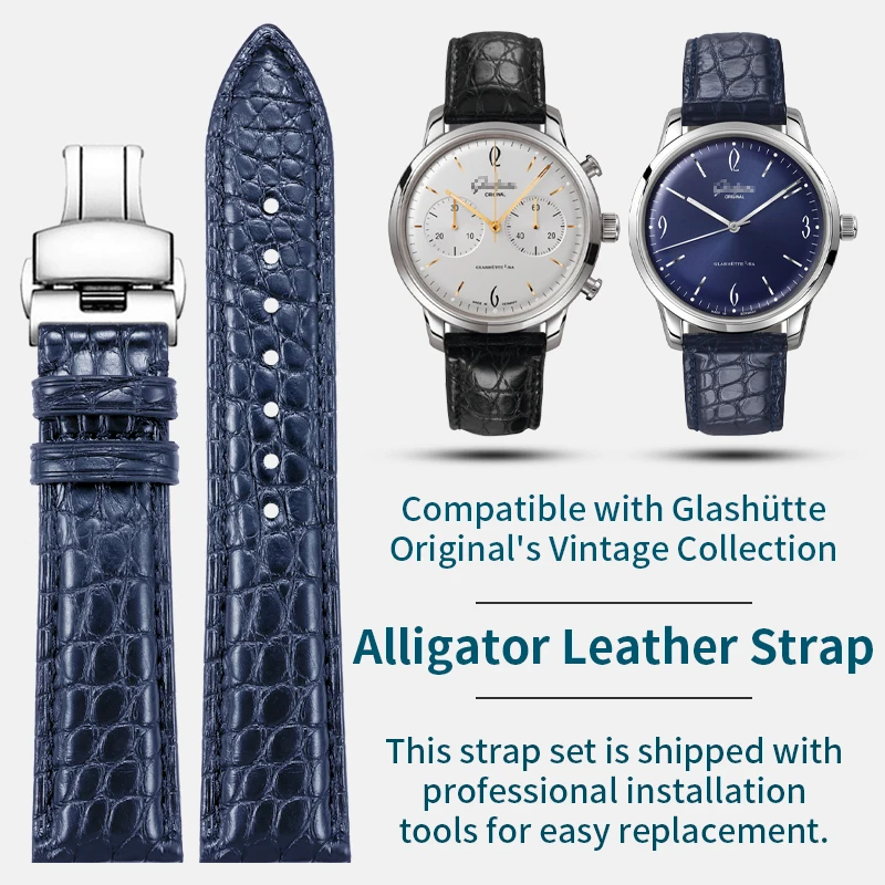 Alligator Leather Watch Strap Compatible with Glashütte Original Vintage Eccentric Pioneer Collection Men's Original Watches