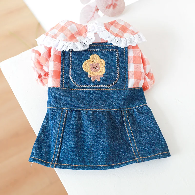 1PC Pet Apparel Dog Spring and Autumn Slim Fit Orange Plaid Lace Shirt Denim Strap Princess Dress For Small Medium Dogs