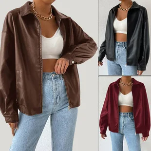 

Осень-зима 2025 г., популярная куртка из искусственной кожи для девочек, мотоциклетное пальто с длинными рукавами и молнией с отложным воротником, топ