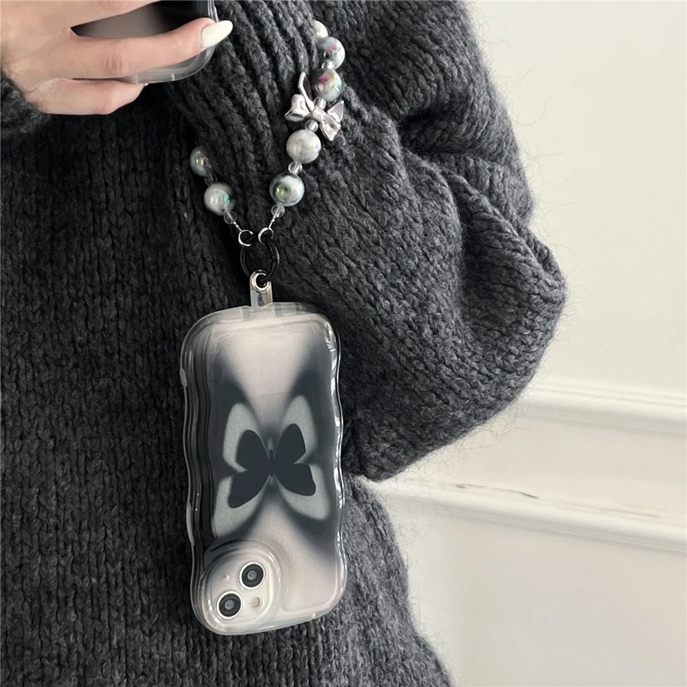 Capa de telefone macia clara para iPhone, pulseira de corrente borboleta preta bonita, capa protetora para iPhone 12, 11, 13, 14 Pro Max, 13Pro Max, Coréia