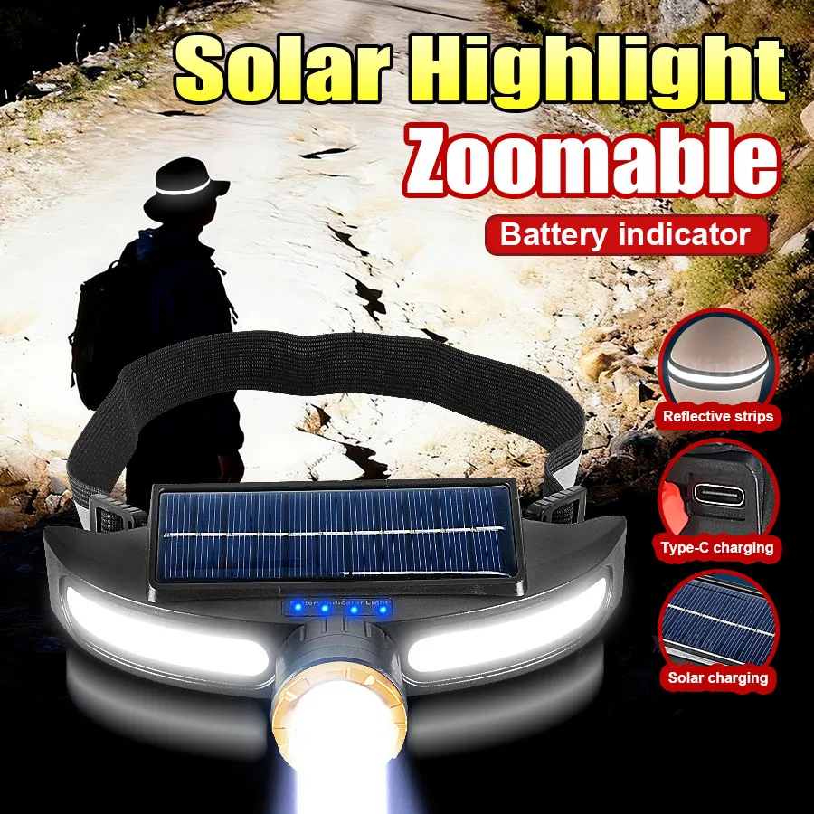 

990000LM Most Powerful Solar Headlamp 4 Modes Rechargeable LED Headlight Solar Charging Built-in battery Outdoor Fishing Lantern