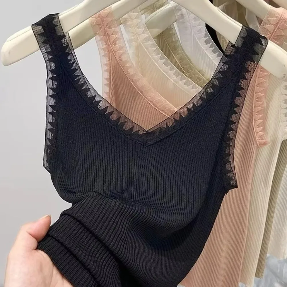 New Thin Knitted Knitted Undershirt Comfortable Stretchy Sleeveless Pullover Breathable Lace Tank Top Summer