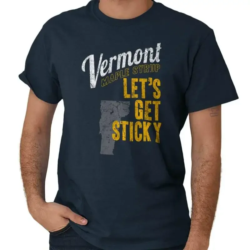 Vermont Maple Syrup Lets Get Sticky VT Map Adult Short Sleeve Crewneck Tee