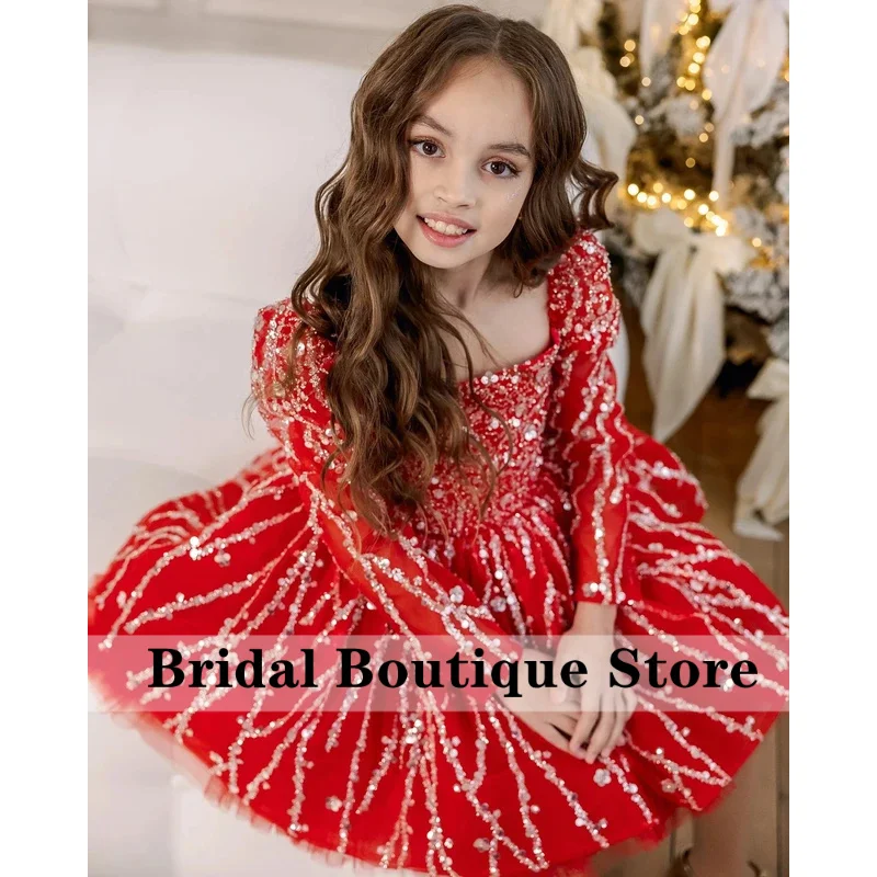 Red Toddler Christmas Dress Long Sleeves Sparkly Sequins Flower for Wedding Short Pageant Ball Gowns for Kids Customized