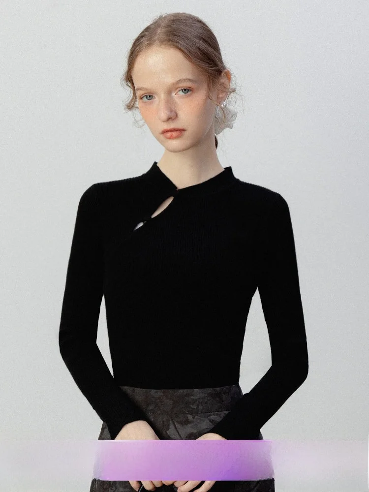 

Женский черный вязаный свитер Eggka: модный дизайн, эффект похудения, ажурный узор, базовый слой, национальный стиль, осень 2024, полиэстер