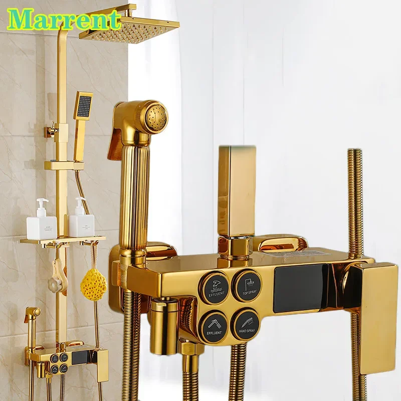 

Modern Four Way Bathroom Shower Set with Led Temperature Screen Hot and Cold Bathroom Shower Faucet Mixer Rainfall Shower Set