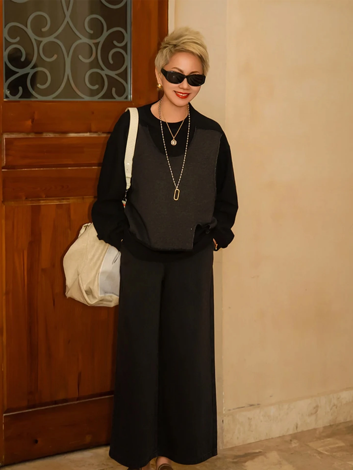 

Повседневный модный свитшот с круглым вырезом, стройнящий дизайн, универсальный свободный крой, женский, из хлопка, модала и шерсти, с длинными рукавами