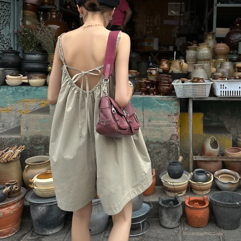 Camisola de Color sólido para mujer, conjunto de pantalones cortos con cordón y cuello de barco, mono Vintage que combina con todo, verano