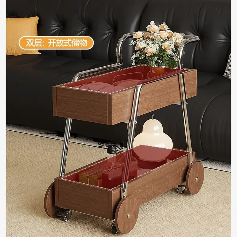 Vintage Solid Wood Side Table with Wheels Mobile Storage Cart for Living Room Sofa Edge Narrow Space Organizer Rack Rustic