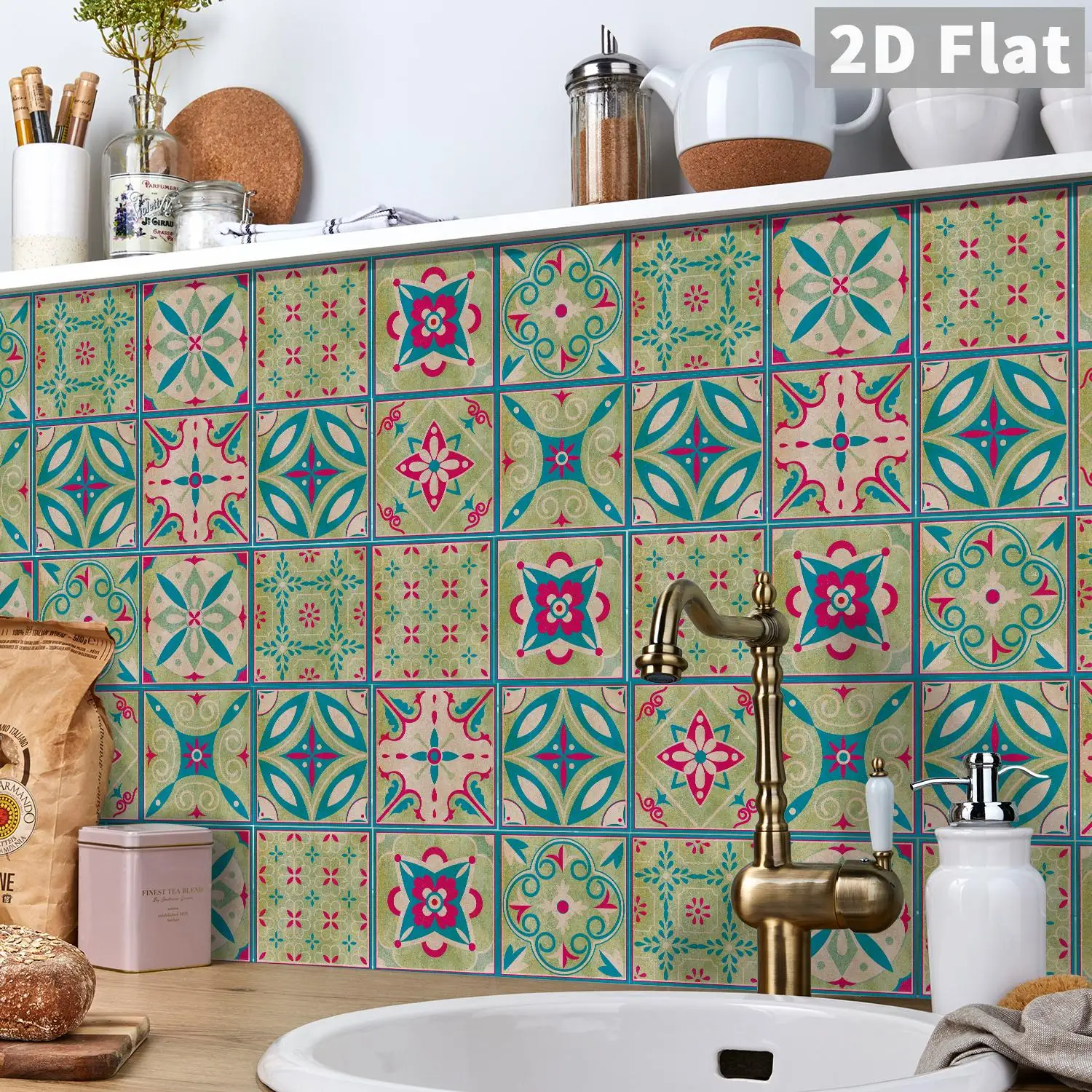 

Green Pink Retro Countryside Tile Stickers Kitchen Bathroom Bedroom Warm Retro Style Decorative Stickers