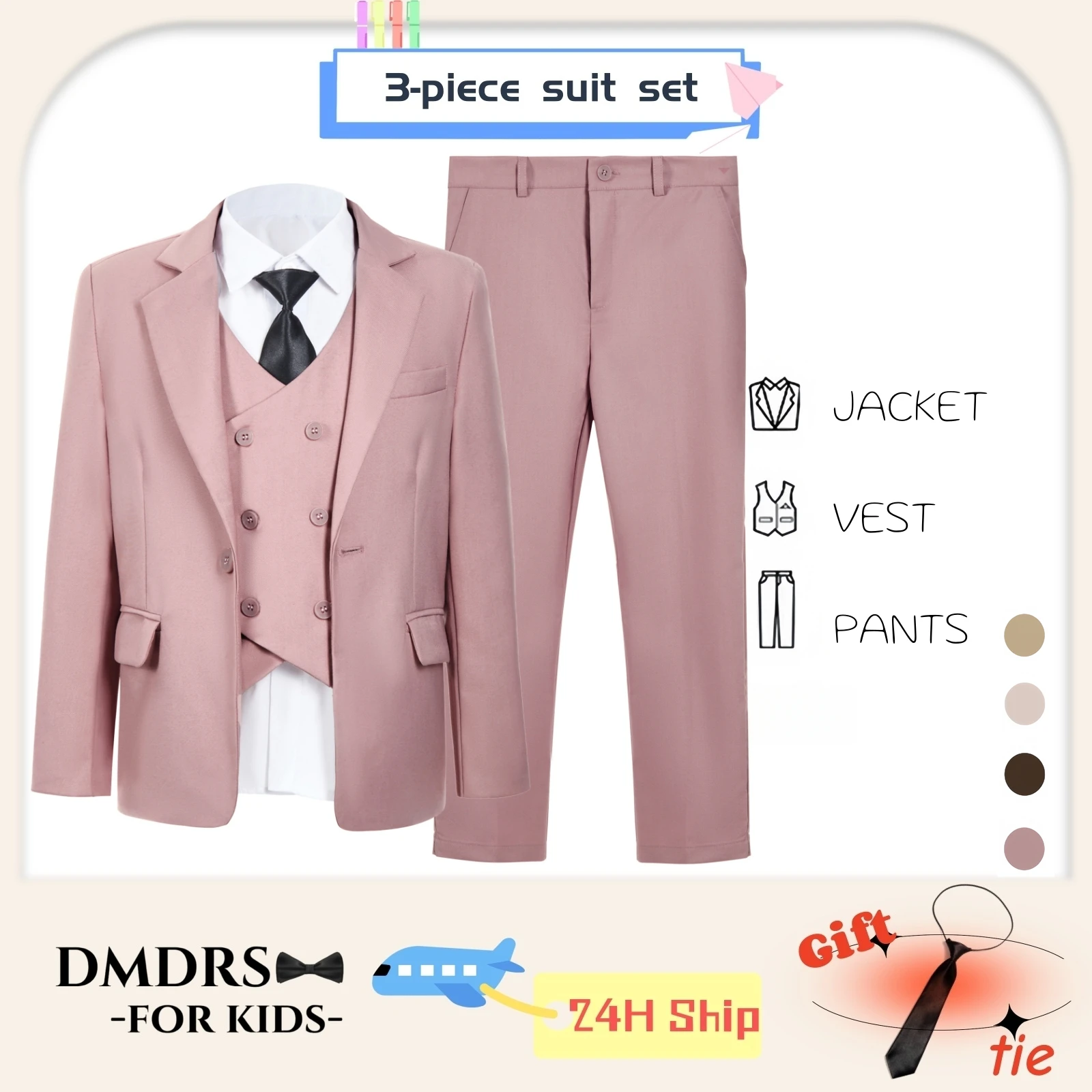 Kids Tuxedo Set 4PC | Jacket Vest Dress Pants Tie | Boys 3-14 | Pageant Party | Ships Today! Toddler to Youth 3-14 | Wedding