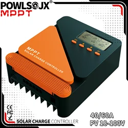 POWLSOJX Efficient MPPT Solar Controller: 40/60A, Versatile 12/24V Battery Compatibility, 18-100V Solar Input, Dual Cooling Fans