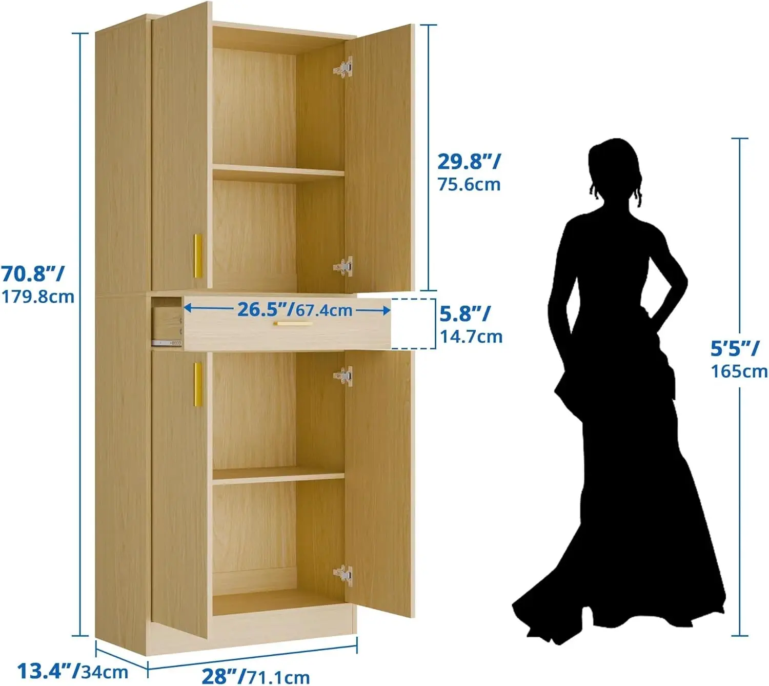 خزانة مخزن، خزانة تخزين المطبخ بطول 71 بوصة مع أبواب ورفوف، خزانة خشبية قائمة بذاتها مع درج