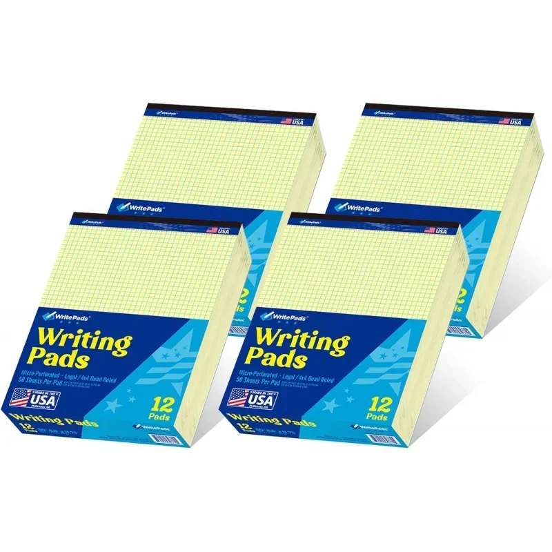 Graph Note , Quad Ruled (4x4) Paper pad, 8.5x11 inch Canary Grid Paper Pad, 50 Sheets,48 per Carton, Micro perforated Engin