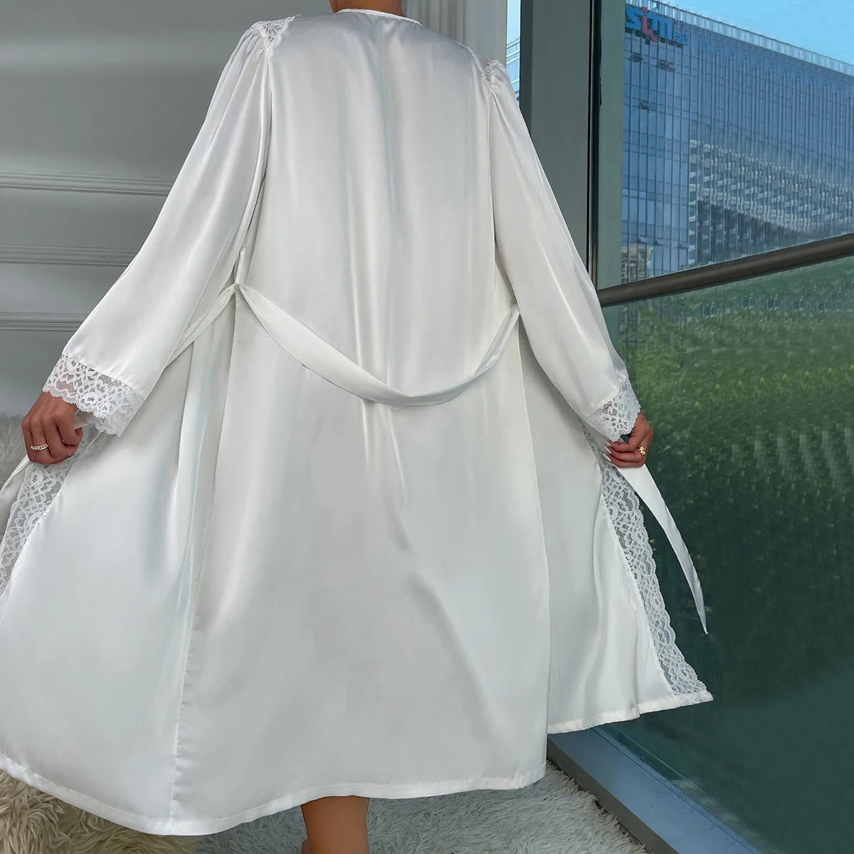 Wedding Bride Dress White Lace Trim Bathrobe Sleepwear Women Satin Kimono  Elegant Nightgown Long Sleeve Home Dressing Gown