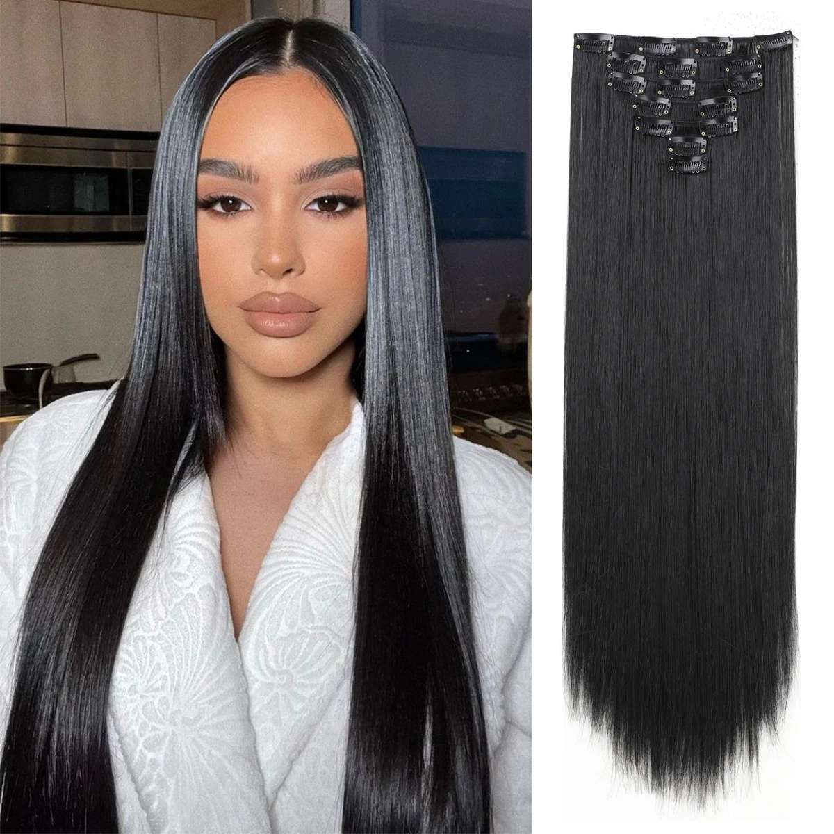 

7pcs Straight Synthetic Hair Extensions Long Ultra-Invisible Full Head Clip in Hair Extensions 22 Inch for Women Daily Wear