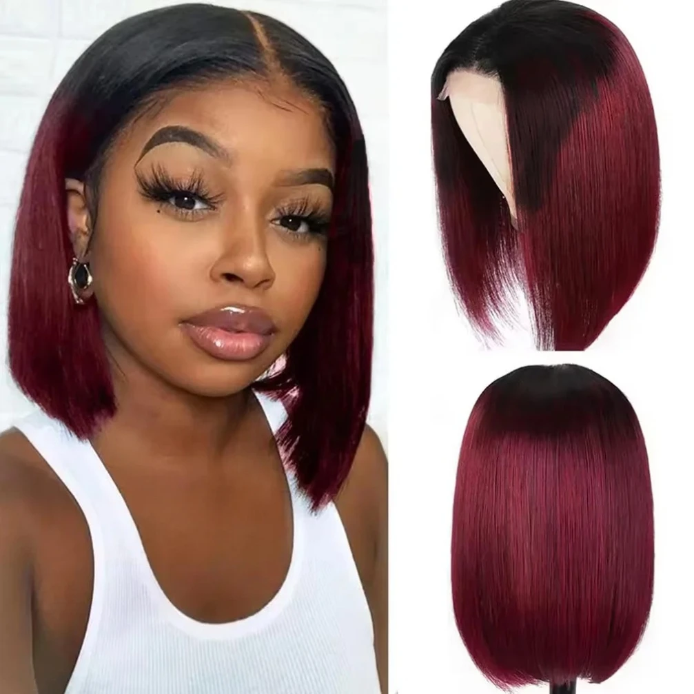 

Простой кружевной фронтальный парик Боб человеческие волосы 1B/99J бордовый цвет 13x4 прозрачный парик из натуральных волос на кружеве для женщин