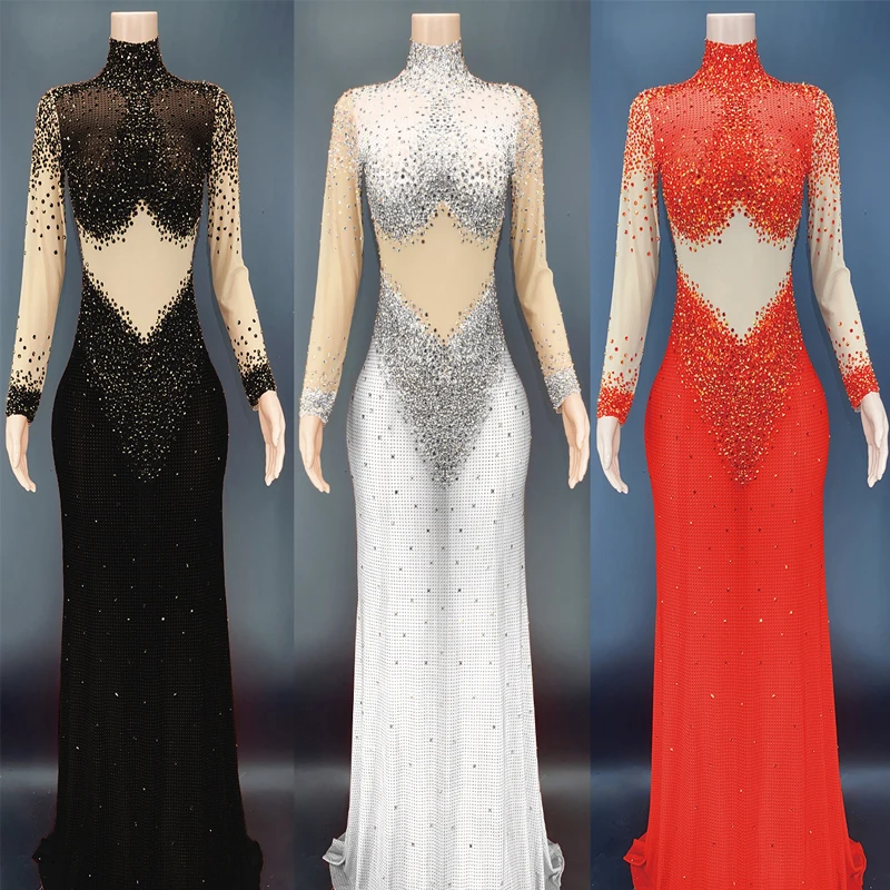 

7 Colors Rhinestone Transparent Long Trailing Dress Prom Birthday Celebrate Outfit Women Dancer Performance Costume XS3580