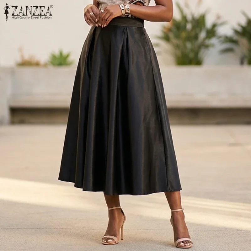 ZANZEA Women's Elegant Satin Midi Skirts Elastic Back High Waist Inverted Pleats Party A-Line Skirts Female Cocktail Faldas