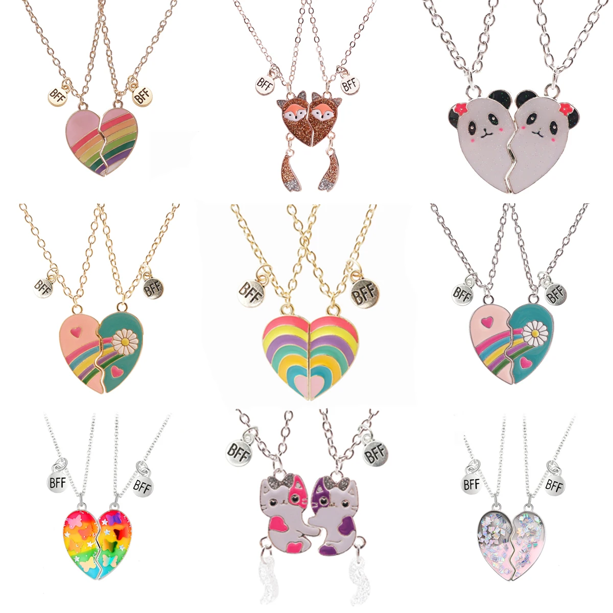 2 Pcs/set Rainbow Best Friends Pendant Necklace For Woman Magnetic Adjustable Lover Broken Heart Chain BFF Jewelry Gifts