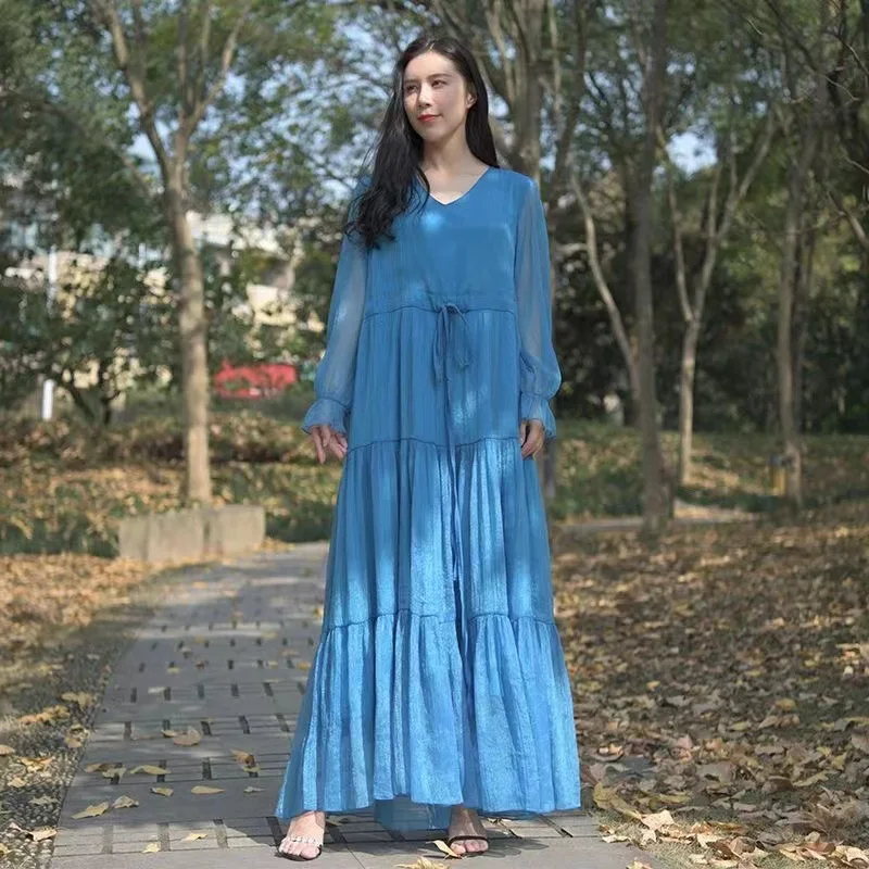 2026 Spring/Summer Elegant Women Chiffon Long Dress Long Sleeve Seaside Vacation Beach Dress Solid Color Elegant Ladies Vestidos