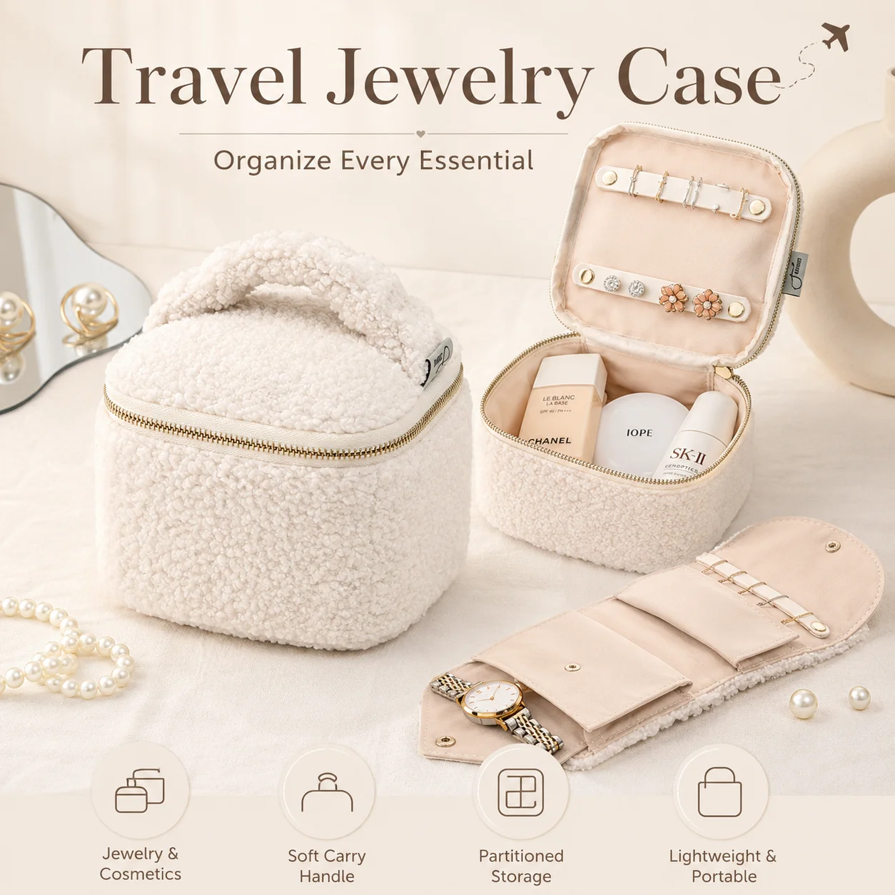 旅行用ジュエリーボックスオーガナイザー-ふわふわメイクアップ収納ケース-ポータブルソフトシェルパコスメティックバッグ-女性用ネックレスイヤリング収納バッグ