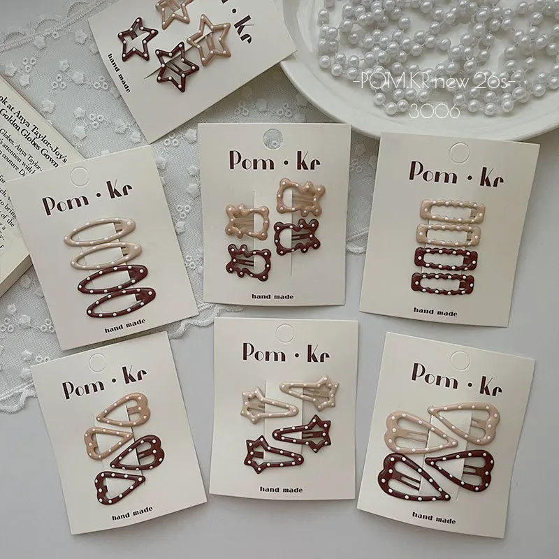 

4pcs Dot Brown Coffee Color Snap Baby Hair Clips Metal Drop Star Heart BB Barrettes Khaki Hairpins Girls Headwear Accessory Set