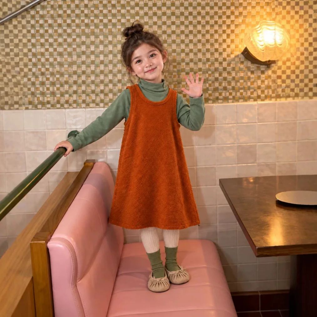 Girls' Autumn and Winter Thick Vest Dress 26 New Korean Fashion Orange Vest Long Skirt