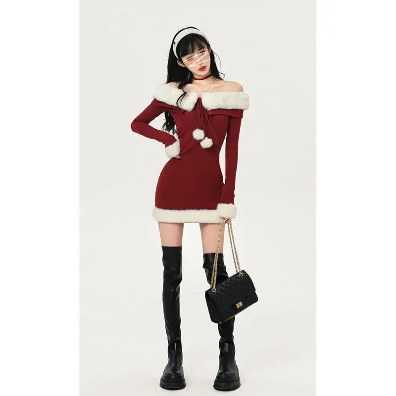 فستان حفلات أعياد الميلاد أنيق مكشوف الأكتاف على الموضة الكورية للنساء فساتين قصيرة مثيرة بياقة من الفرو الصناعي #3