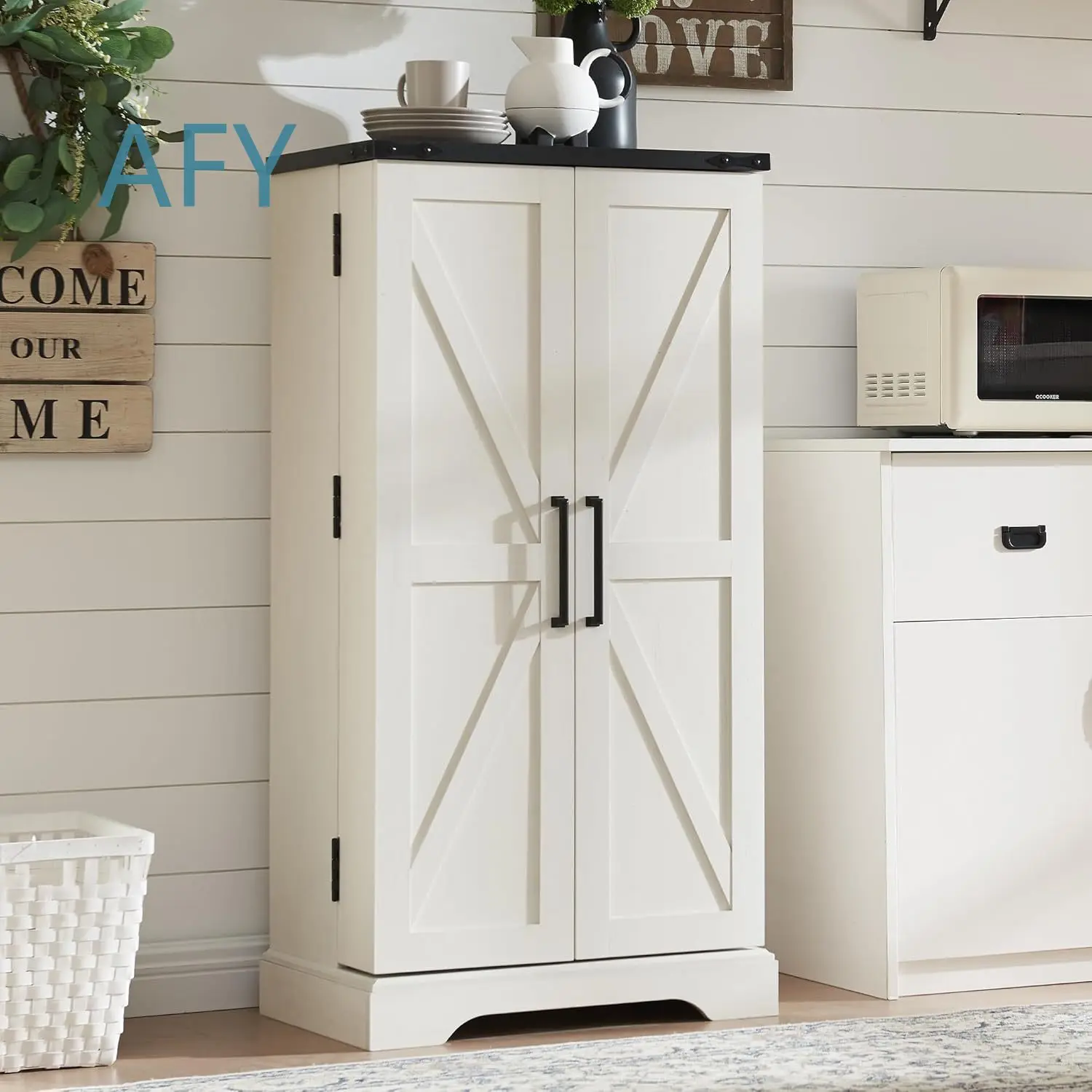 Pastoral Style Barn Door Kitchen Cabinet for Farmhouse Decor Storage Sideboard Snack Cabinet for Rustic Dining Room Living