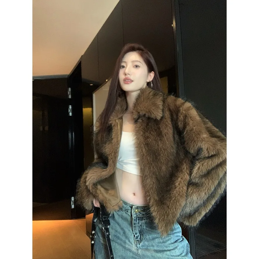 

Ele Long Sve Faux Fur Coat Women's Loose Fit Vintage Sle Open Cardigan Top for Autumn Faion Outerwear