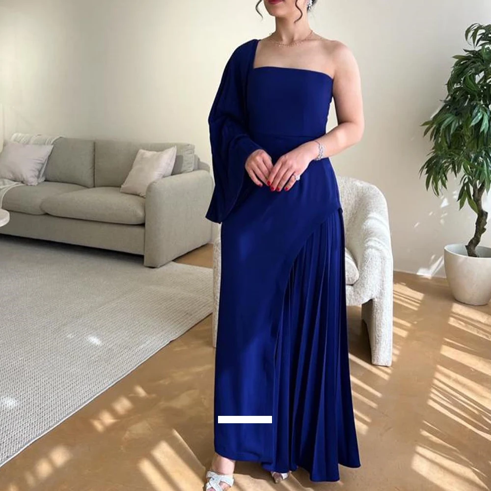 

Elegant Straight Ankle Length Jersey Long Sleeves One Shoulder Saudi Evening Dresses Pleats Dresses For Formal Occasions Classic