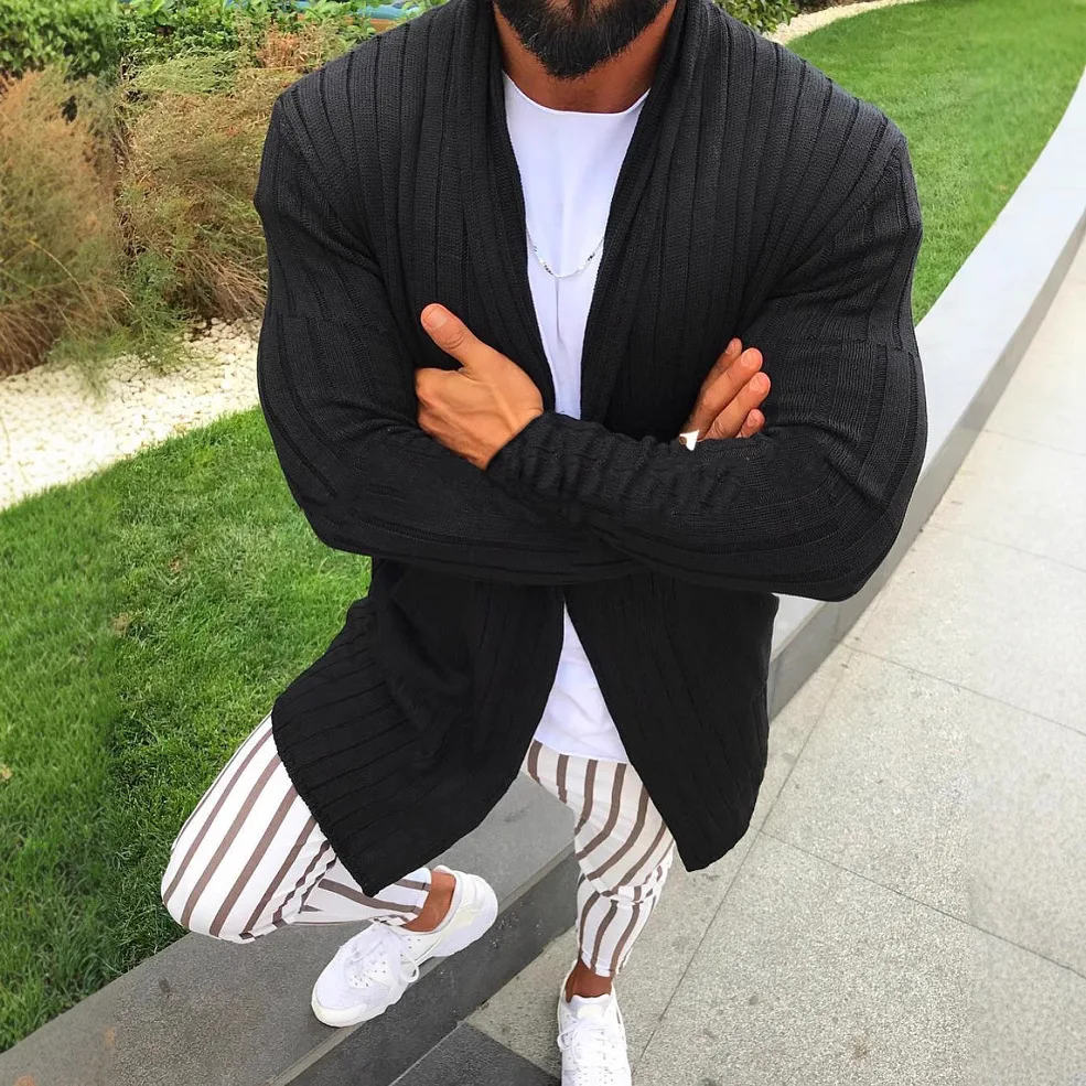 سترة سترة الخريف والشتاء بلون سليم المناسب طويلة الأكمام التلبيب سترة مشغولة من الصوف سترة الرجال #2