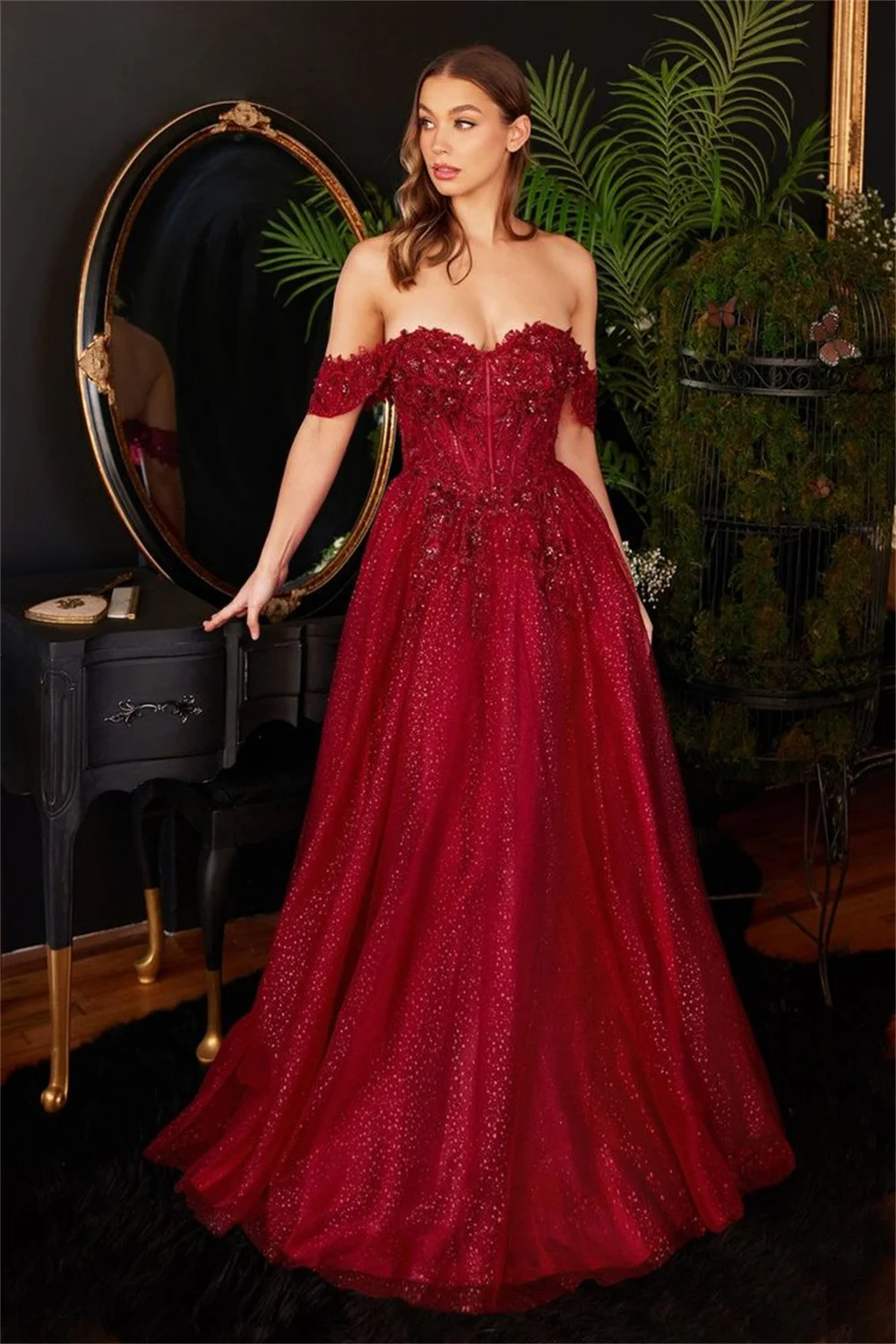 Amanda Burgundy Prom Dress 2023 Sexy Off Shoulder فستان سهرة Princess Lace Embroid Formal Occasion Dresses Glitter Party Dress