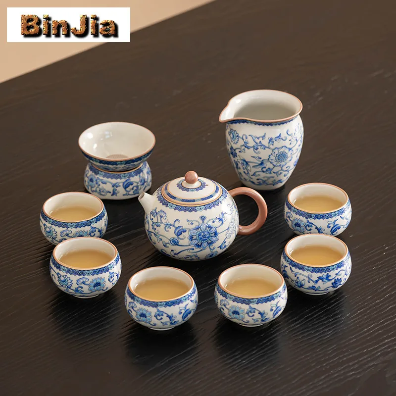 

Ru Kiln Interlock Branch Lotus Tea Set Полный набор Элегантный набор для чайной церемонии Набор чайников и чайных чашек Чайные услуги Оборудование в подарок