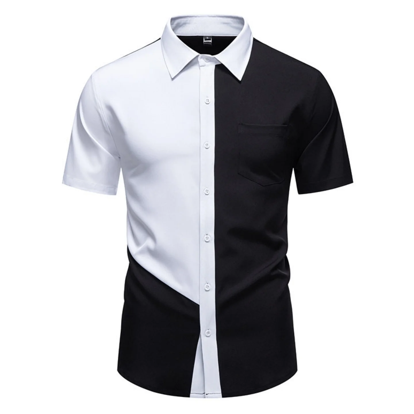 

Men's Color Block Short Sleeve Shirt, Breathable & Smooth, Casual Button Down Collar Top, White/Black, S-2XL