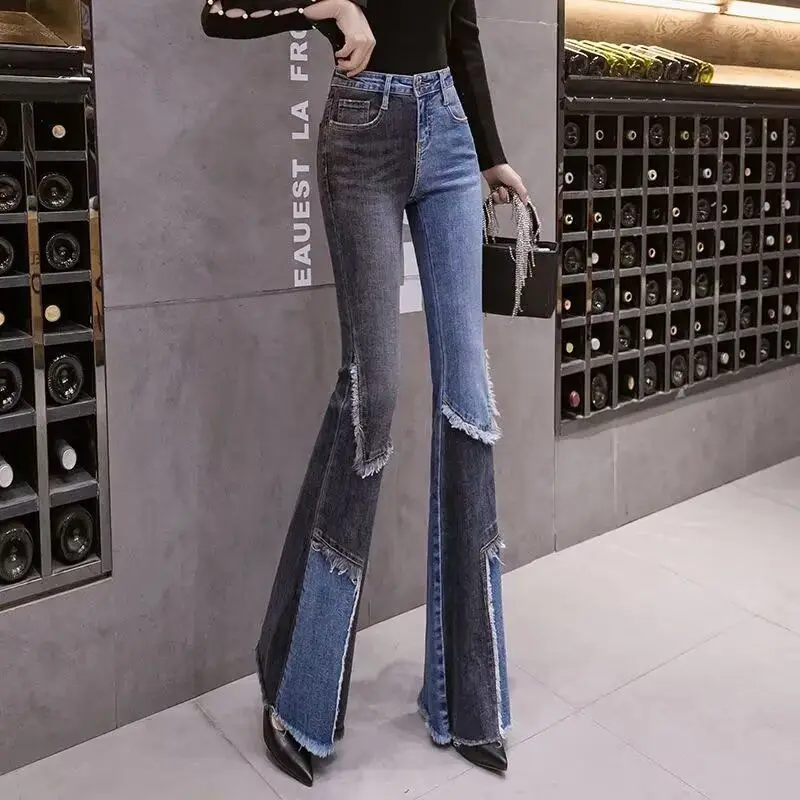 High-waisted Flared Pants Women's Slim Casual Trousers Fashion Color Matching Jeans Versatile Micro-pull Pants Simple Casual