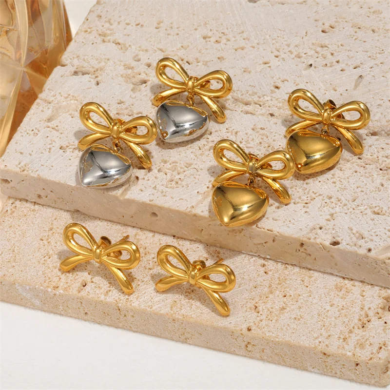 Trendy Stainless Steel PVD Coated Bowknot Drop Earrings Cute Heart Pendant Women Jewelry Elegant Party Earrings