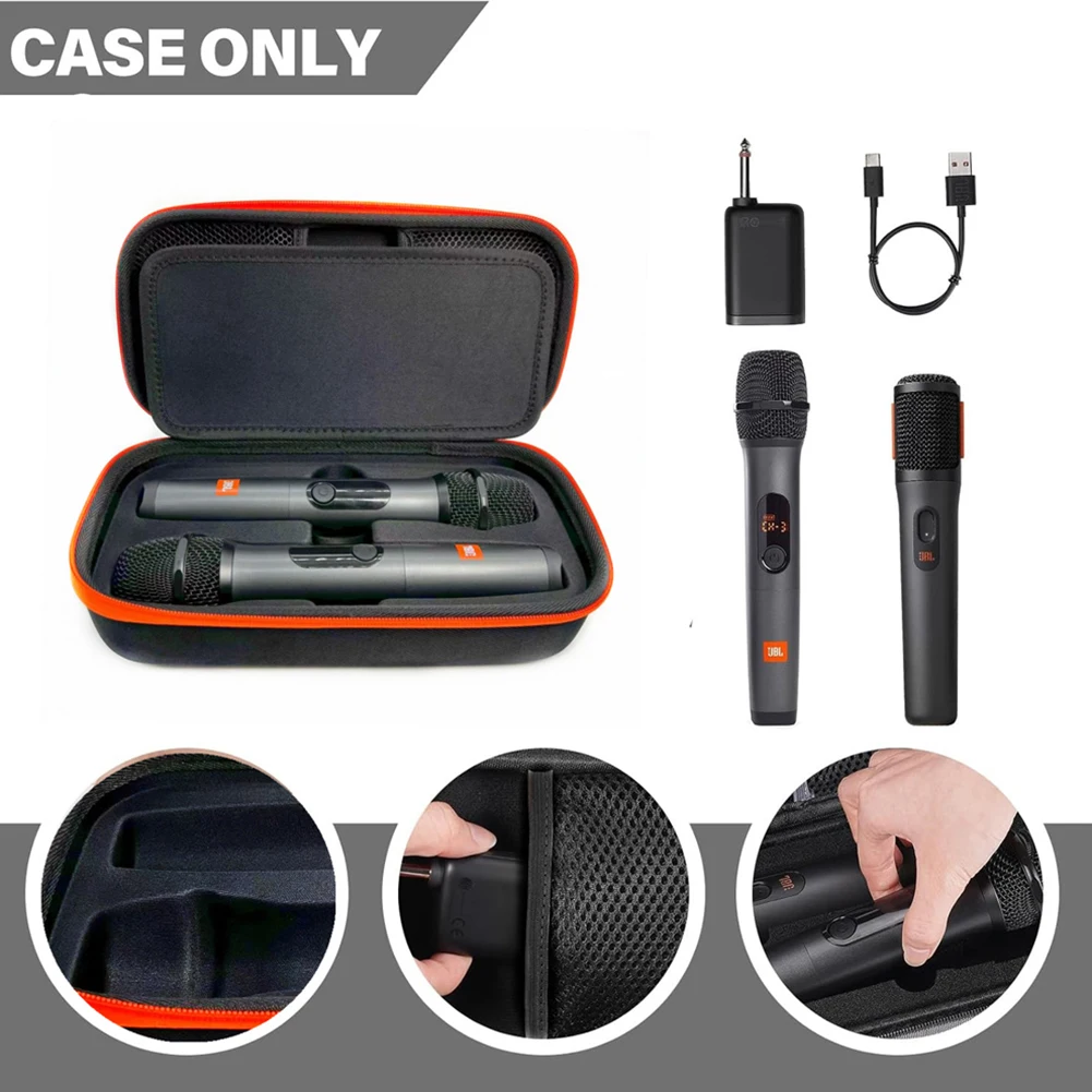 Portable Mic Storage Bag Anti-Scratch Hard Travel Case 2 Slots Organizer Storage Box for JBL PartyBox Wireless Mic & Accessories