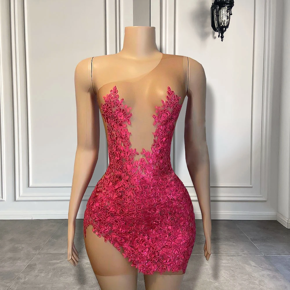

Sexy Sheer Mesh Women Cocktail Birthday Formal Gowns Hot Pink Beaded Applique African Black Girls Short Prom Dresses 2025