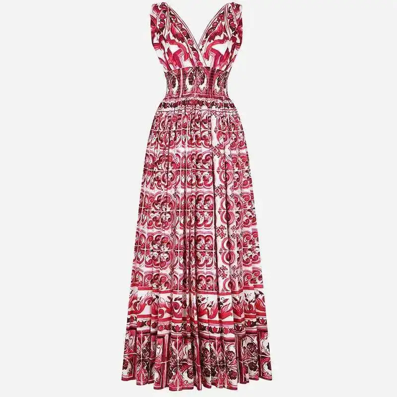 

Fashion Runway Summer Floral Maxi Dress For Women Straps Bow Blue White Porcelain Print Elastic Back Waist Holiday Beach Dresses