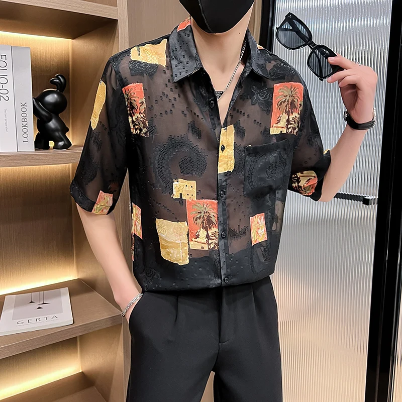 

Sexy Mesh Jacquard Shirt for Men Summer Short Sleeve Loose Shirts Casual Social Streetwear Party Nightclub Men Clothing 2024