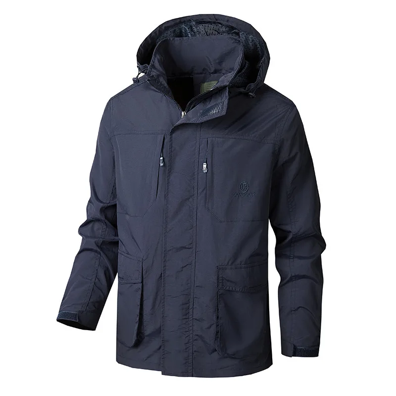 

Spring Autumn New Men's Loose Multi-Bag Removable Cap Tooling Trench Coat Jacket